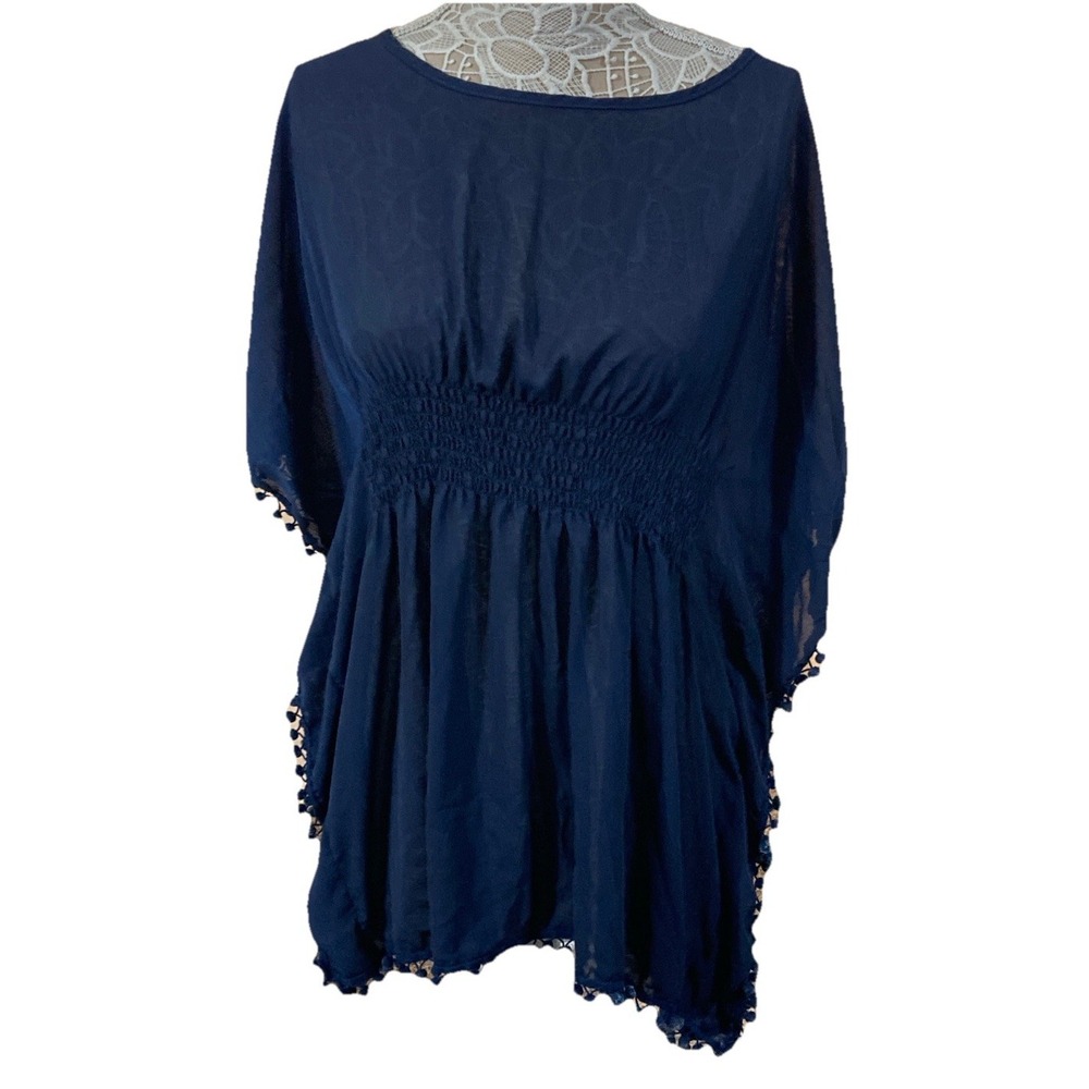 Navy Blue Boho Kimono Cover Up Pom Pom Trim Sheer Smocked Waist One Size - Picture 2 of 7